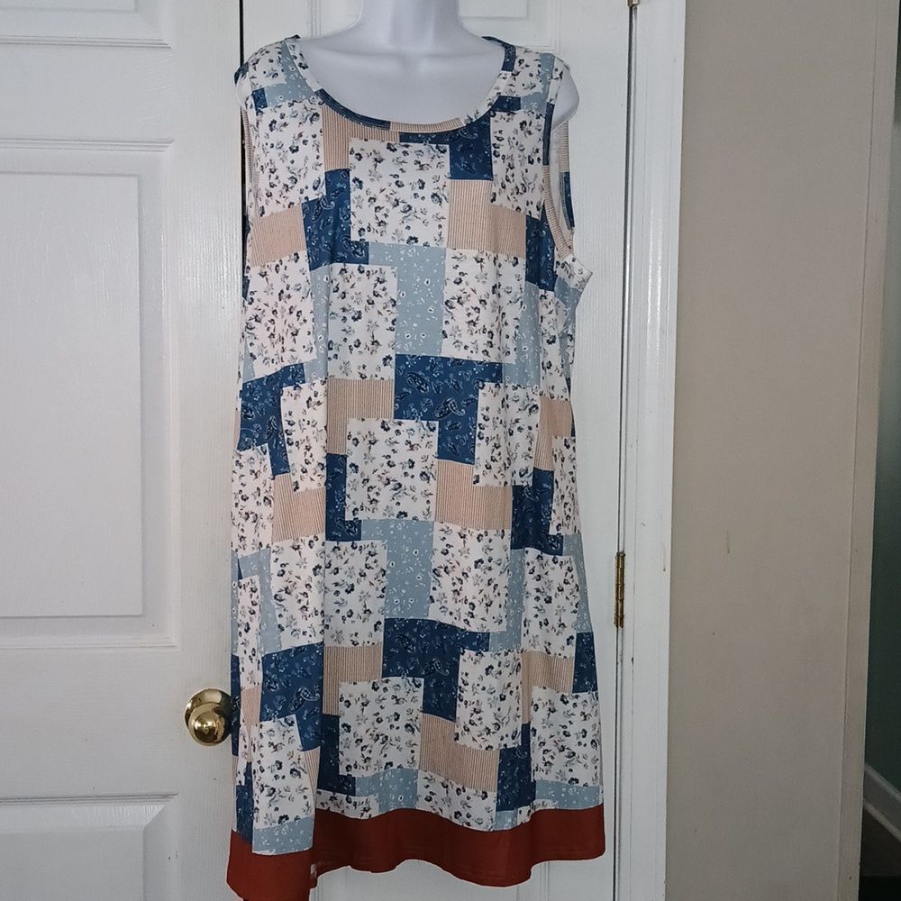Patchwork print sleeveless shift dress with pockets bohemian prairie Sz 3XL NWOT